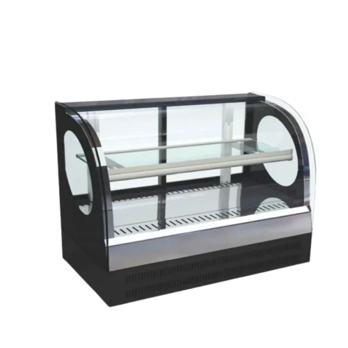 R&M pastry display case black side oval windows curved glass refrigerated