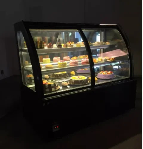 R&M RMQKY curved pastry display case night lighting three tiers refrigerated cakes pastries