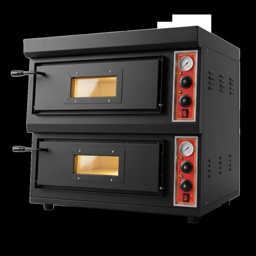 Double deck pizza oven with side heat-dissipating vents and two independent chambers