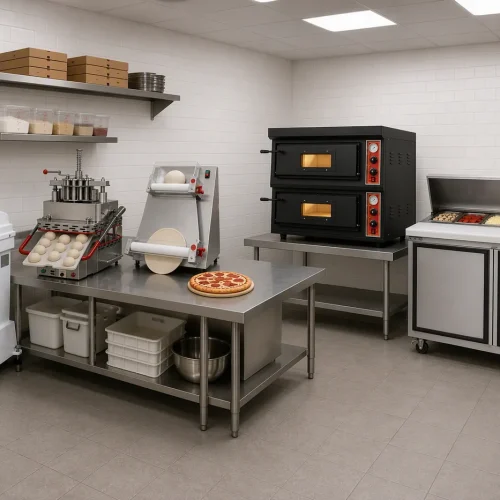 Pizza deck oven installed in a commercial pizzeria kitchen with spiral mixer and prep station