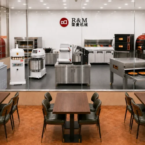 R&M showroom with pizza deck ovens, conveyor oven, spiral mixer and dome oven — one-stop equipment