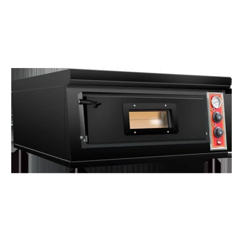 Single deck electric pizza oven with black powder-coated exterior and stone deck