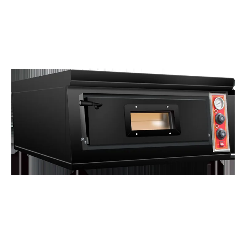 Single deck electric pizza oven with black powder-coated exterior and stone deck