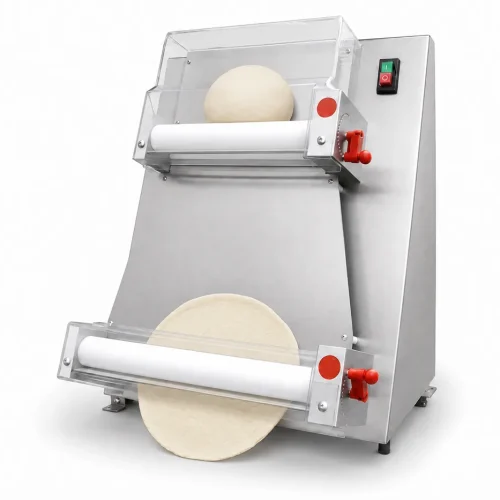 R&M double-stage pizza dough roller machine high angle view with transition plate