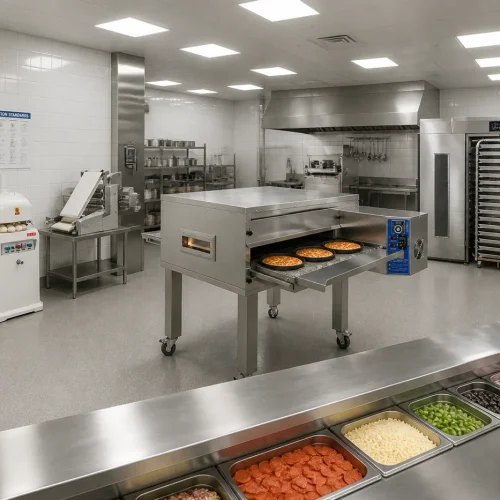Pizza production kitchen with conveyor oven, topping prep station and dough equipment