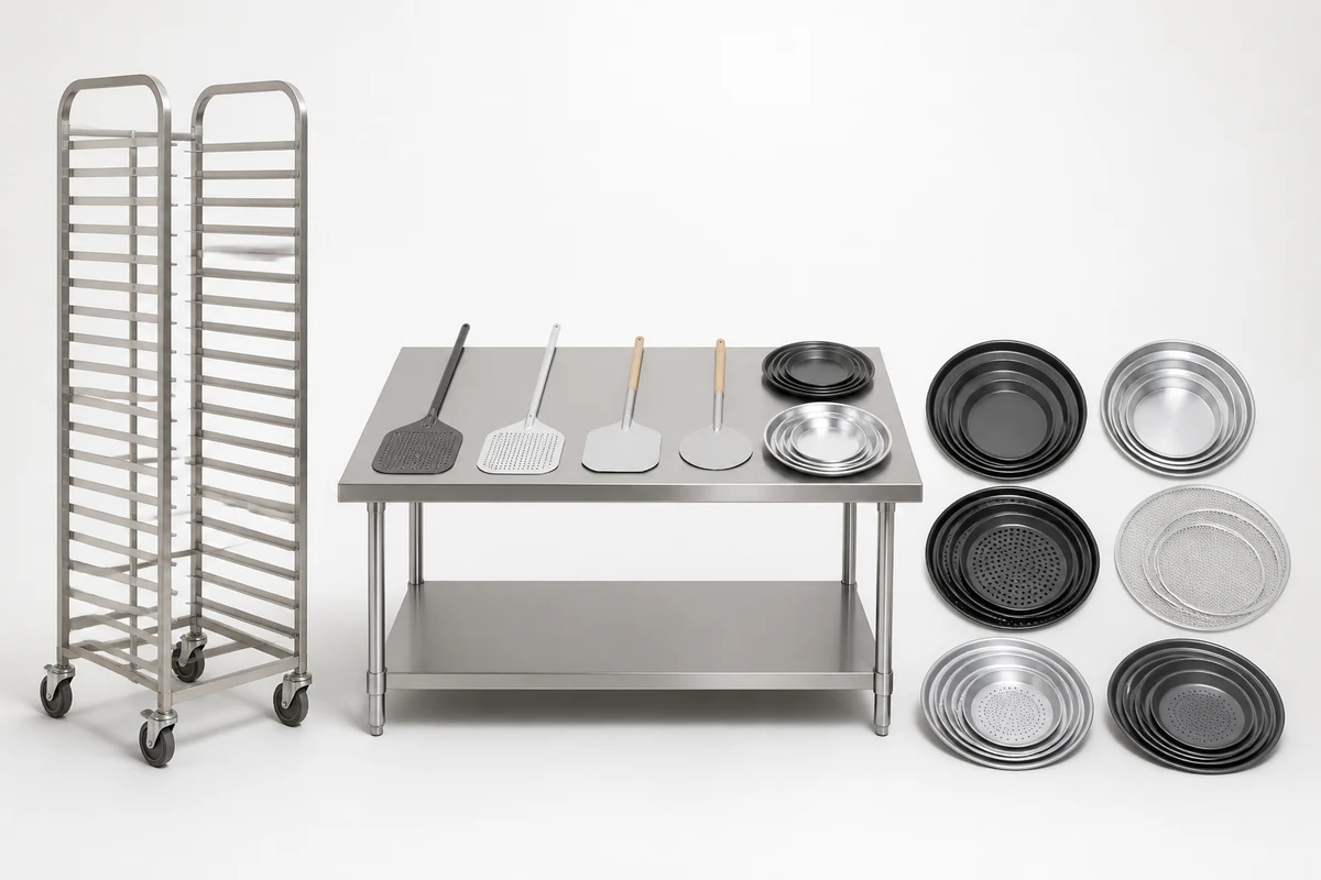 Pizza trays and tools — pans, peels, cutters, racks and baking accessories