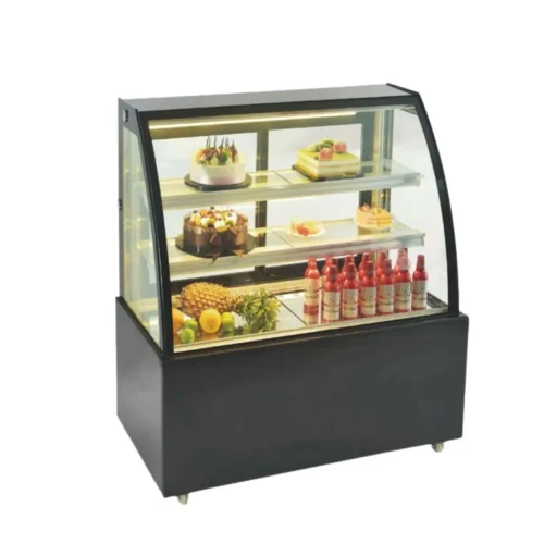 R&M refrigerated display case castors black base curved glass 3 levels bakery