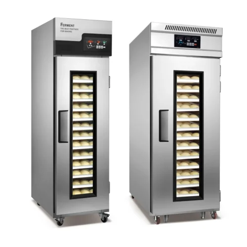 R&M GD-18PD dual-temperature retarder proofer 18 trays side angle with dough balls