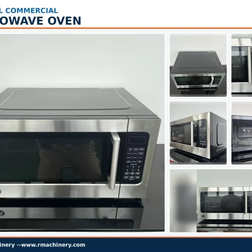 R&M 45 L commercial microwave oven detail banner — product views, keypad and cavity