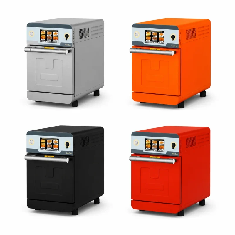 R&M K03 commercial speed oven in four colors — silver, orange, black and red countertop models
