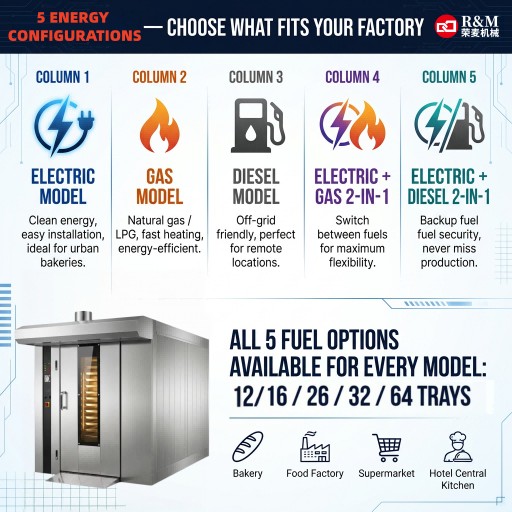 R&M rotary oven 5 energy configurations — electric gas diesel electric-gas and electric-diesel for 12 16 26 32 64 tray models