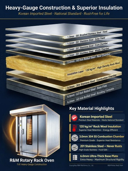 R&M rotary rack oven heavy-gauge construction with 120 kg/m³ insulation and material layer specifications