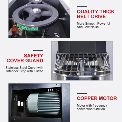 spiral dough mixer – belt drive, safety cover guard and copper motor details