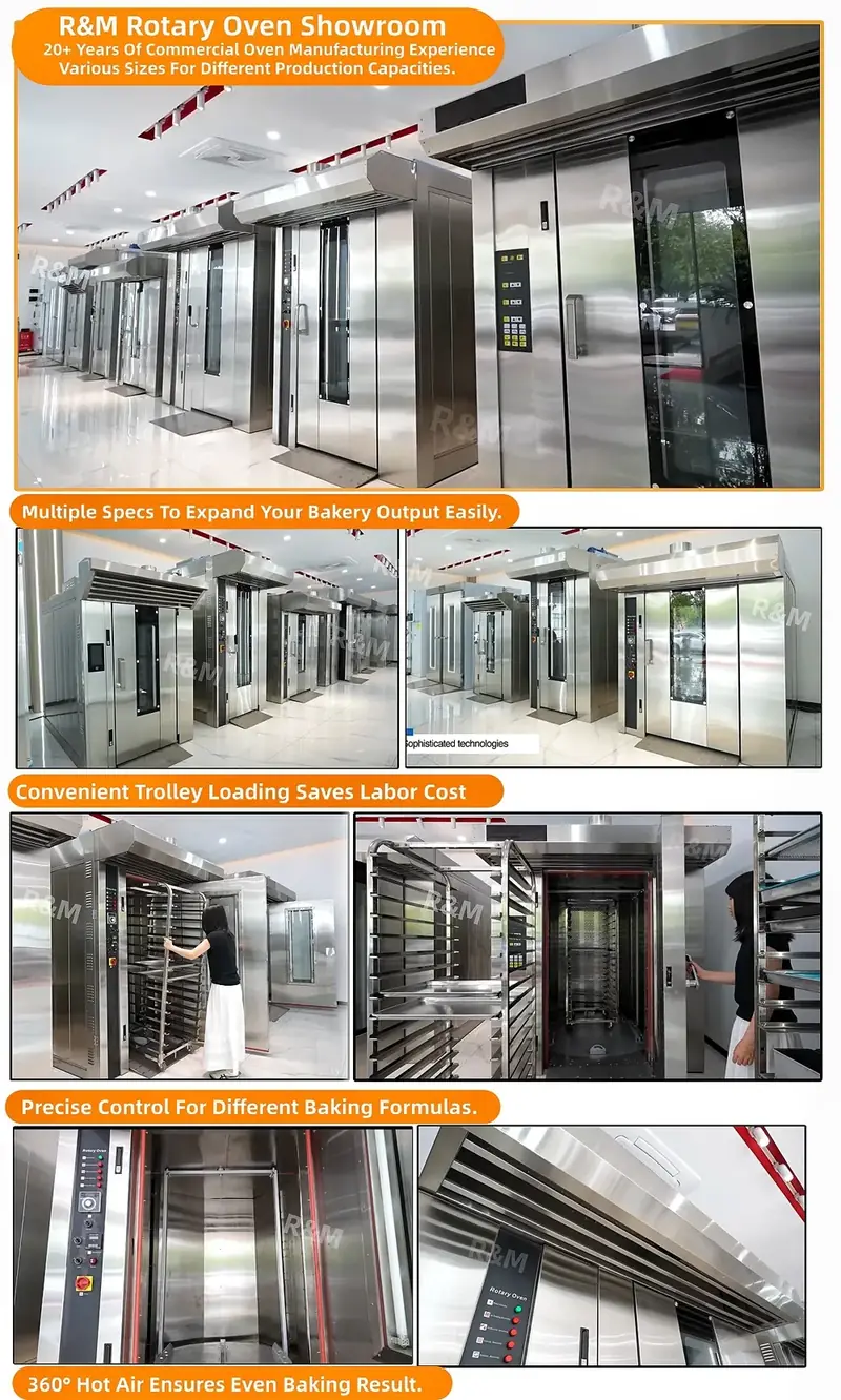 R&M rotary oven showroom trolley loading and control panel for commercial bakery