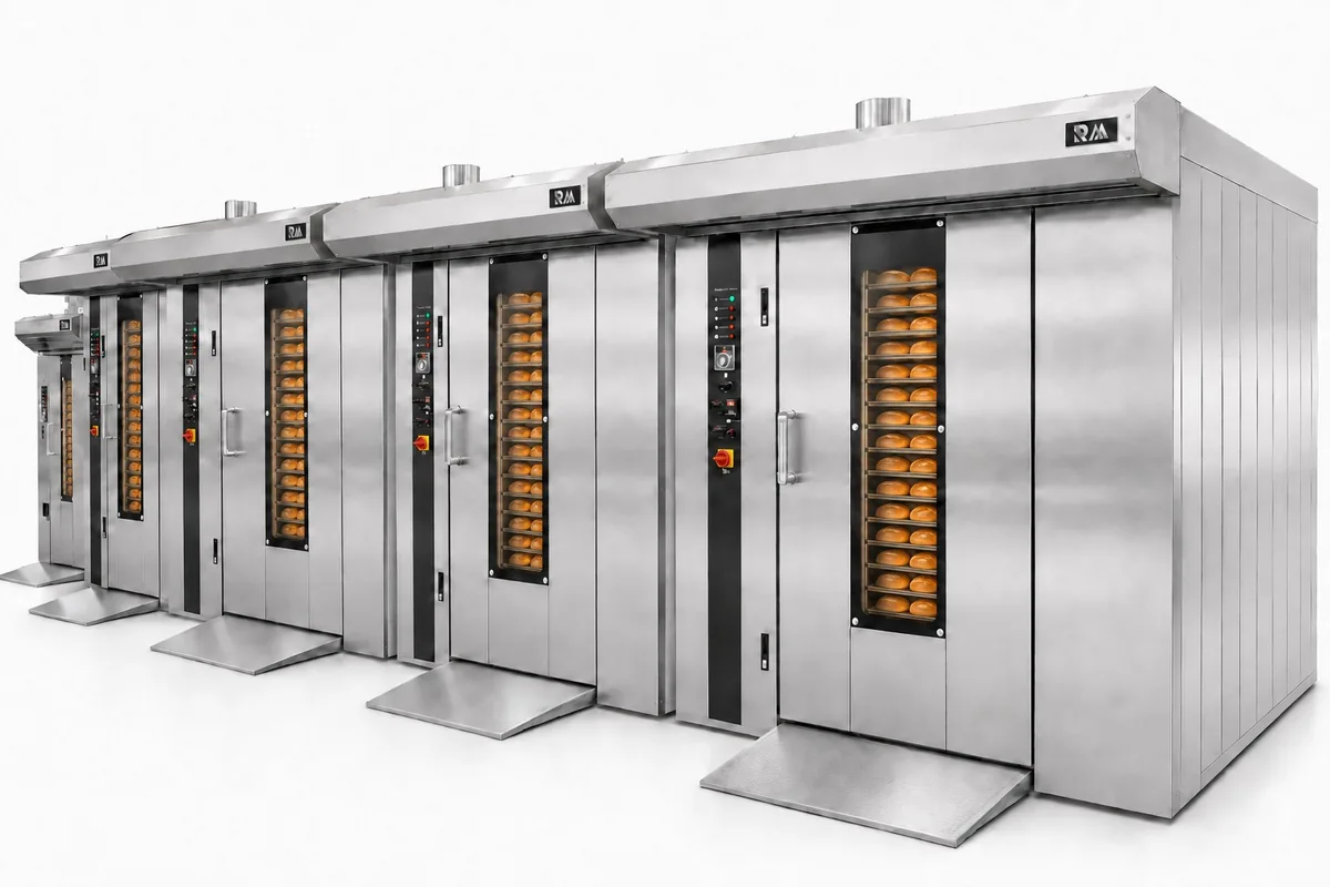 R&M commercial rotary rack ovens in 16 26 32 and 64-tray configurations for bakery production