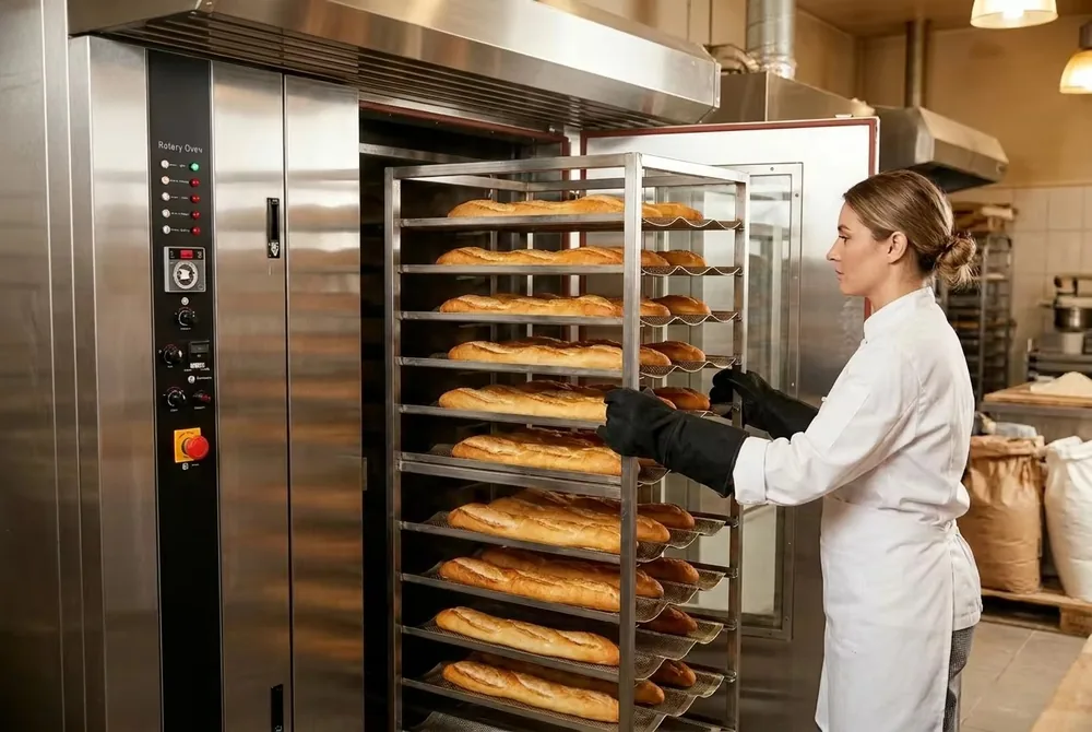 Baker loading baguette rack trolley into commercial rotary rack oven for full-rack baking