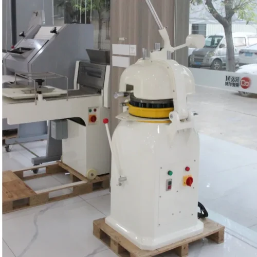 Front view of R&M floor-standing semi-auto bun divider rounder with yellow dividing ring