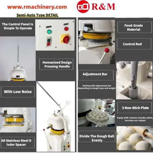 R&M semi-auto dough divider rounder features — simple panel, pressing handle, low noise, 3 non-stick plates