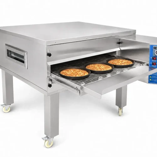 Single deck conveyor pizza oven on stainless stand with three pizzas baking on the mesh belt