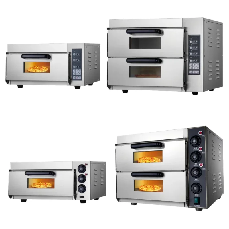 R&M small pizza oven series — single and double deck countertop electric models with baking stone, up to 350°C