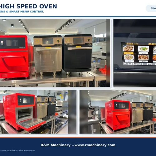 Speed oven touchscreen showing 432 programmable recipe menu — four color models