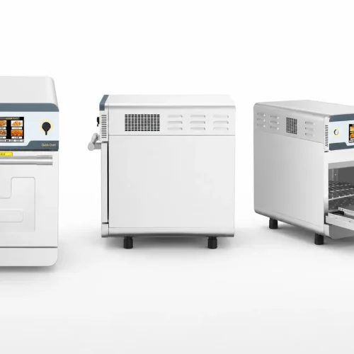 Speed oven open door view showing SUS 304 chamber interior and stainless rack — white model