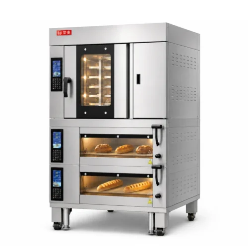 Black 3-deck electric stone deck oven for sourdough bread — independent chamber controls per deck