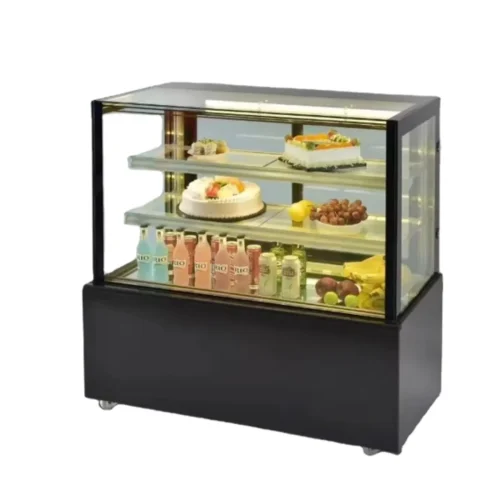 R&M RMZJ straight glass cake display case angled view three tier warm LED lighting