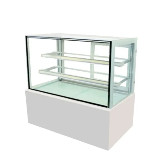 Freestanding R&M RMQKZ refrigerated cake display counter empty interior two glass shelves