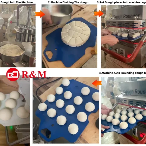 R&M tabletop dough divider rounder operation — load dough, divide, round dough balls