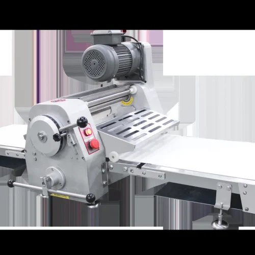 R&M tabletop dough sheeter machine angle view with catch trays and leveling feet