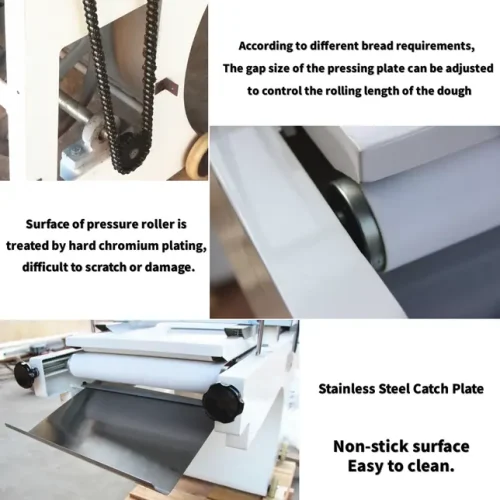 R&M RMZ-380 toast moulder detail features — wear resistant gear, food grade conveyor belt, hard chrome roller, stainless catch plate, adjustable toast width