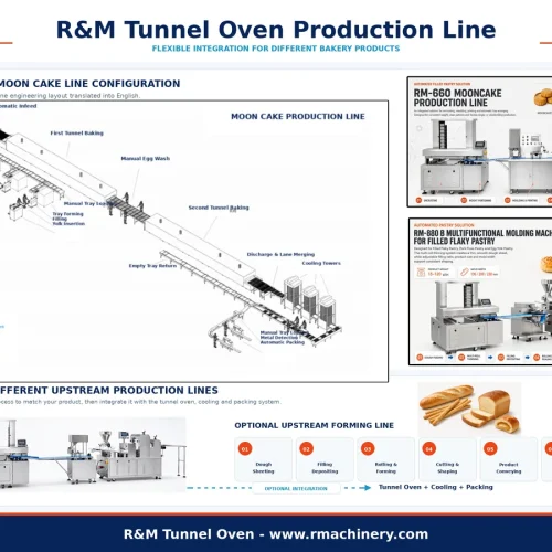 Products moving through controlled tunnel oven baking zones on conveyor