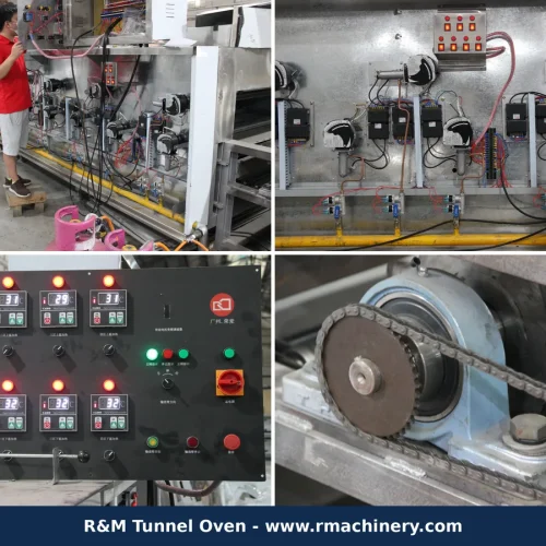 Tunnel oven connected to cooling and packaging conveyors — integrated bakery production line