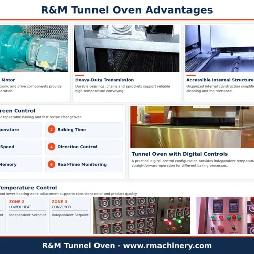 PLC touchscreen for zone temperature and conveyor speed control on tunnel oven