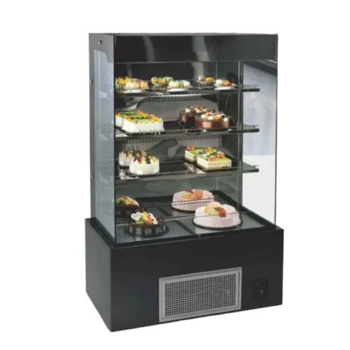 R&M upright cake showcase black frame 270 degree glass 4 levels refrigerated