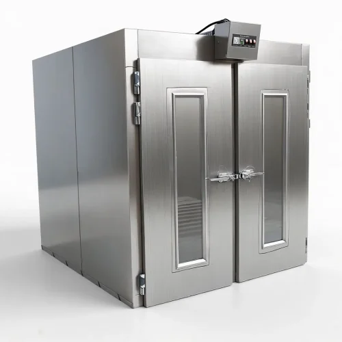 R&M stainless steel walk-in proofing cabinet with rack interior visible