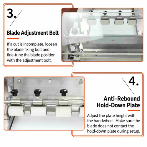 Automatic cookie cutter machine blade adjustment bolt and anti-rebound hold-down plate setup