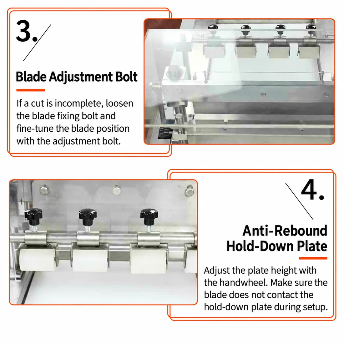 Automatic cookie cutter machine blade adjustment bolt and anti-rebound hold-down plate setup