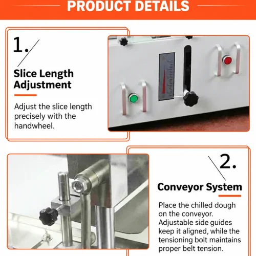 Automatic cookie cutter machine product details showing slice length adjustment and conveyor system