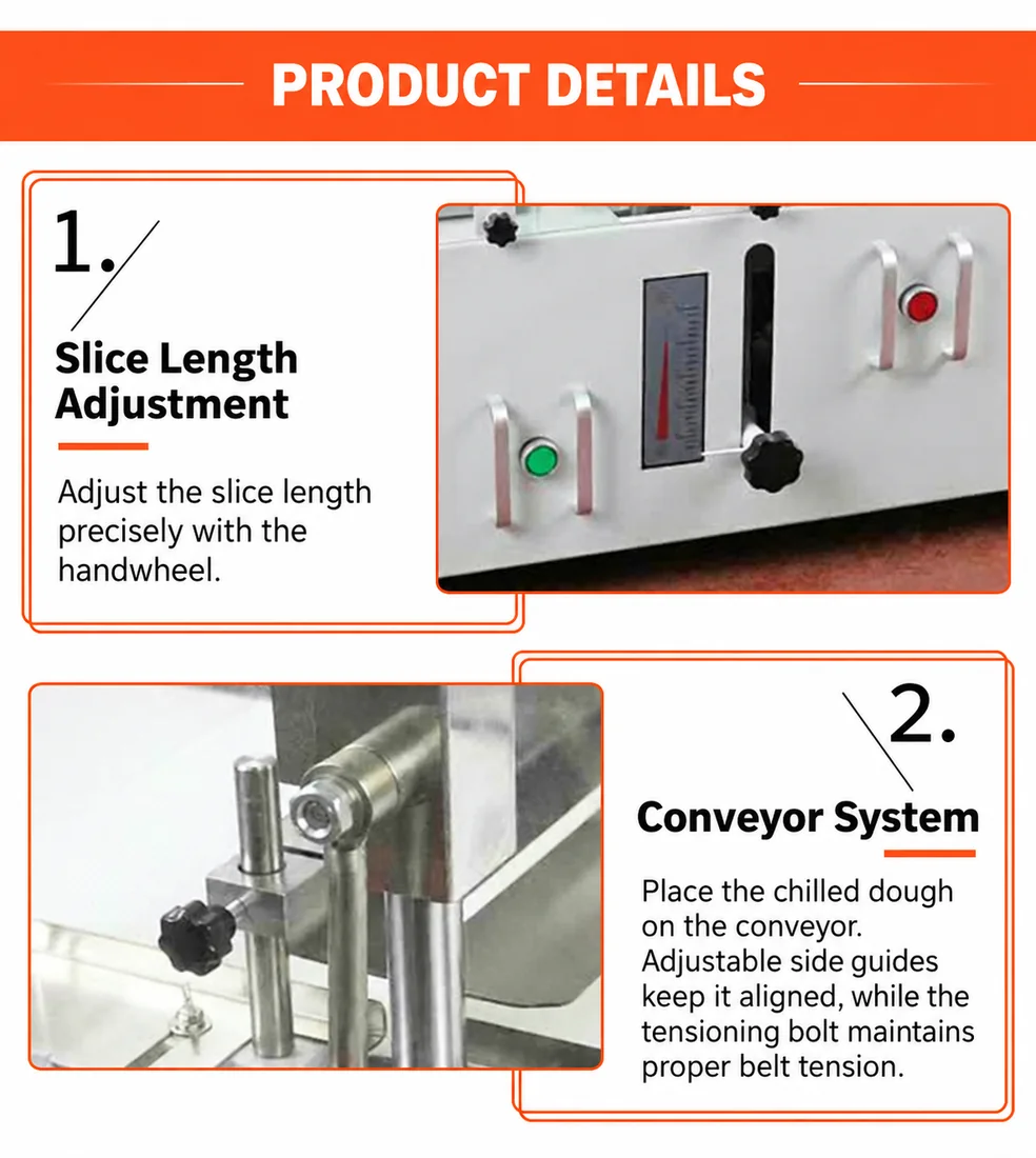 Automatic cookie cutter machine product details showing slice length adjustment and conveyor system