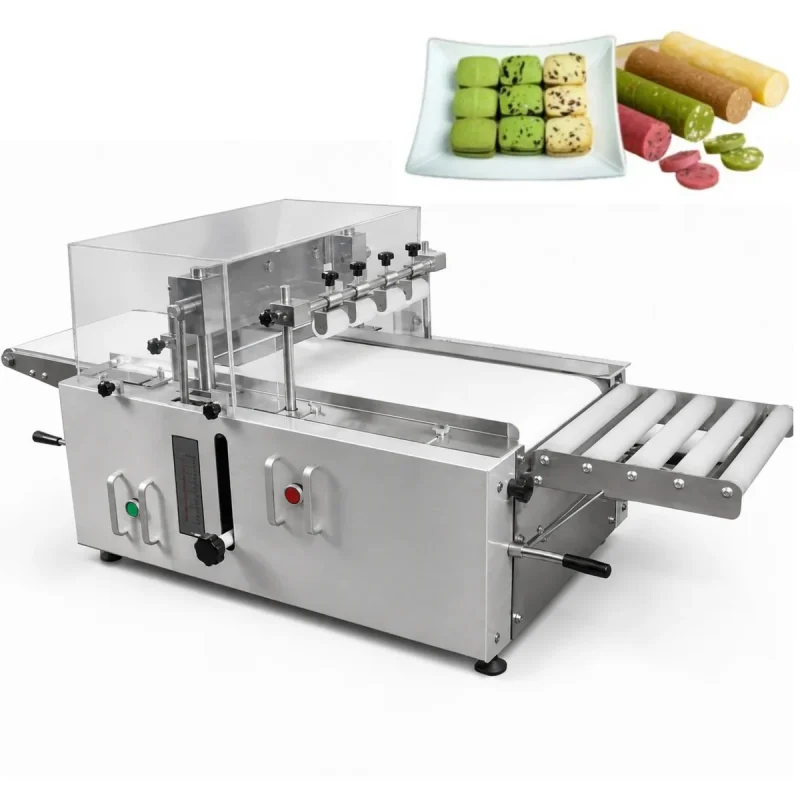 Automatic cookie cutter machine RMCC400 slicing dough logs on the conveyor