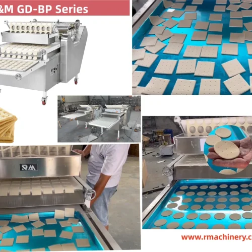 Biscuit maker machine forming round and square dough pieces with docked holes and finished biscuits