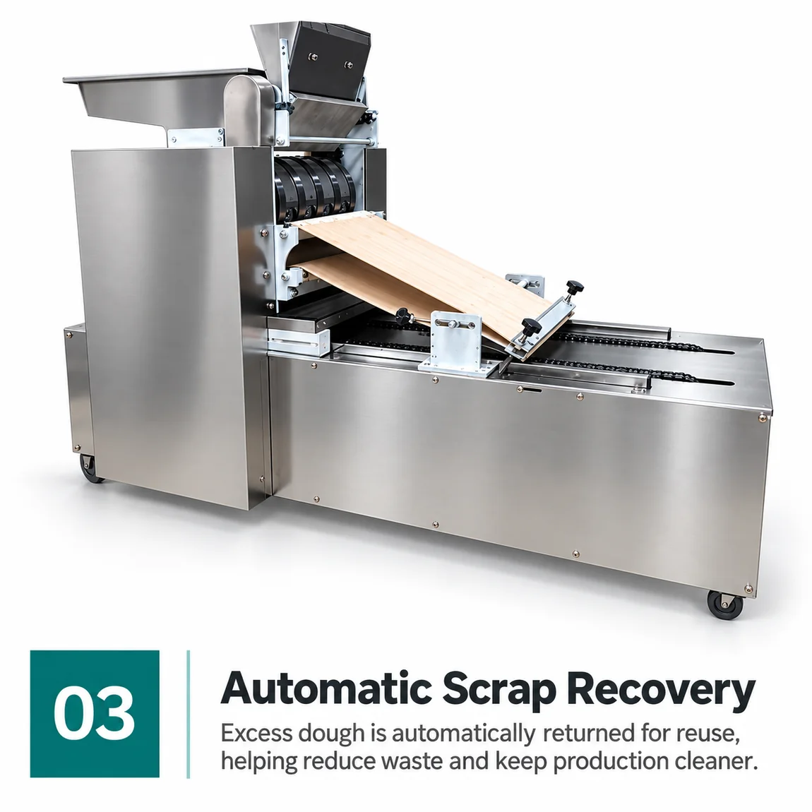 Biscuit making machine feature graphic showing automatic scrap recovery on the conveyor