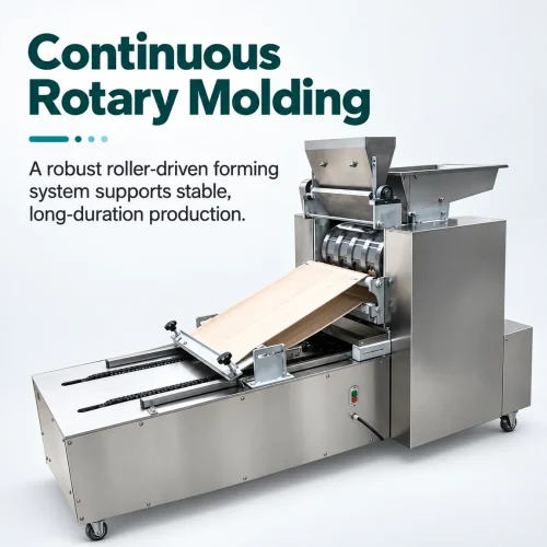 Biscuit making machine continuous rotary moulding process with engraved stainless steel rollers