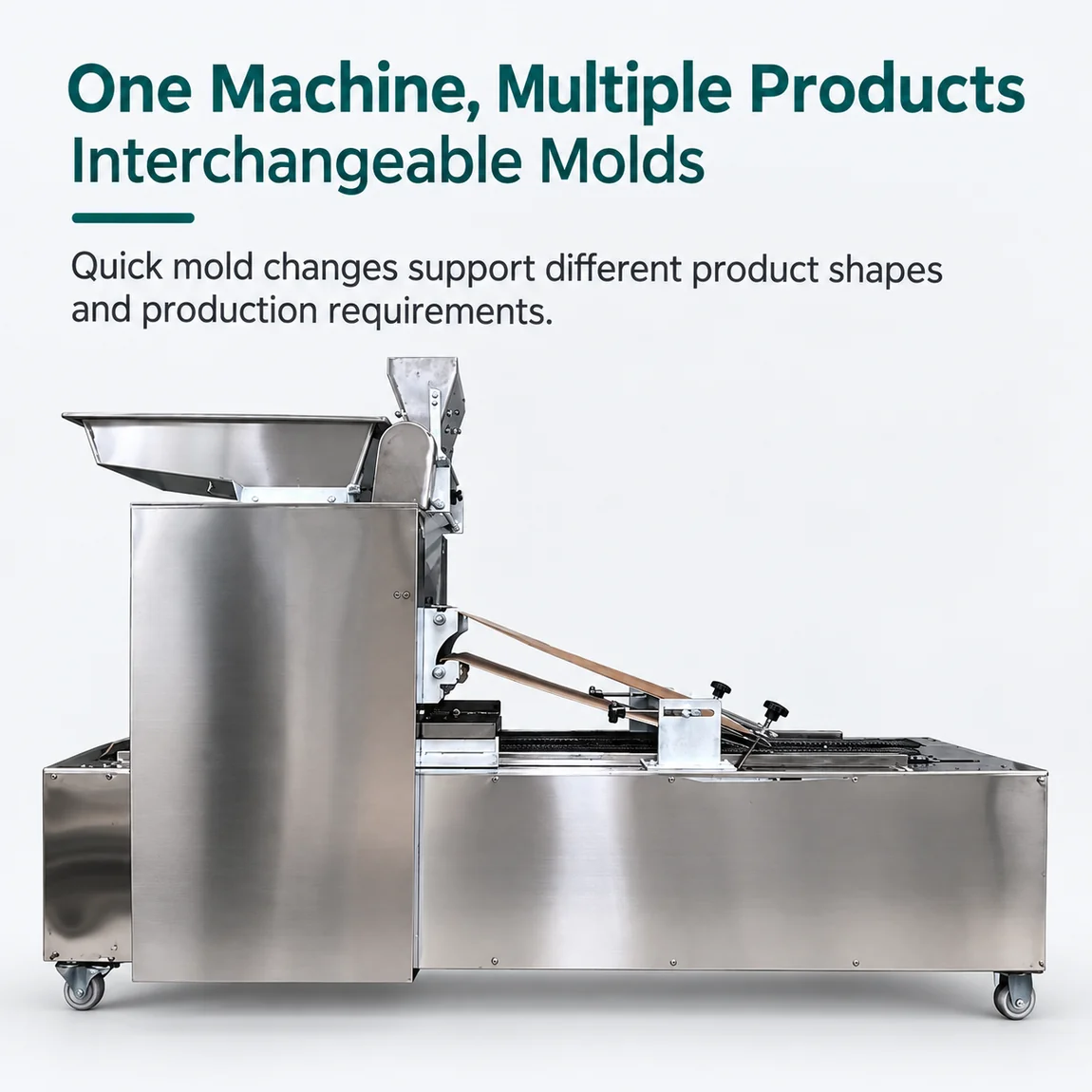 Biscuit making machine with interchangeable moulds producing different biscuit shapes