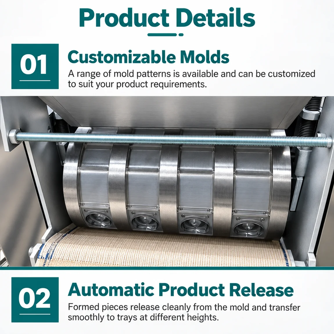 Biscuit making machine product details showing customisable moulds and automatic product release