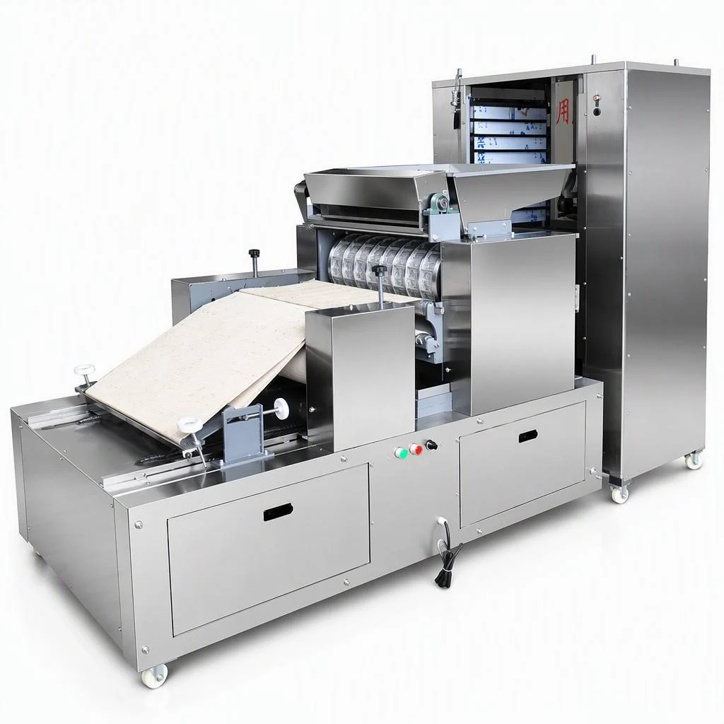 Fully automatic biscuit making machine stainless steel body with dough sheet on the conveyor