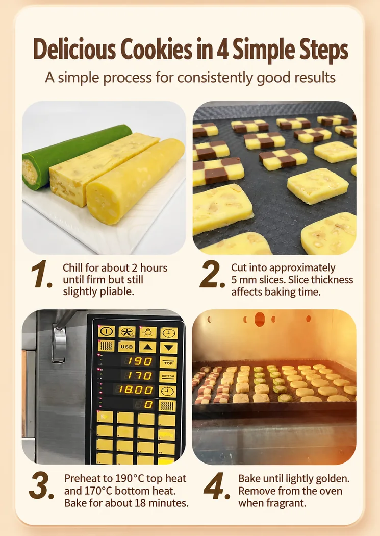 Cookie cutter machine log cutting process shown in four steps