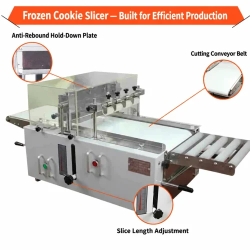 Frozen cookie slicer key components including anti-rebound hold-down plate and cutting conveyor belt